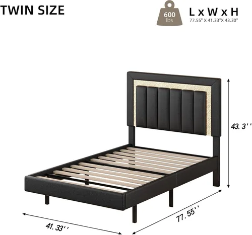 Vista 2 de HOMBCK Base de cama flotante individual con luces LED inteligentes, cama de plataforma tapizada de piel sintética con cabecera de diamante, no Negro