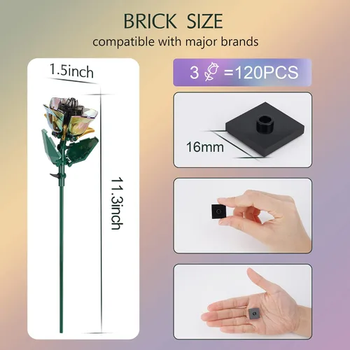 Vista 6 de Conjunto de construcción de ramo de flores de rosas KIYOJIN, colección botánica de planta artificial arcoíris compatible con Lego, regalo