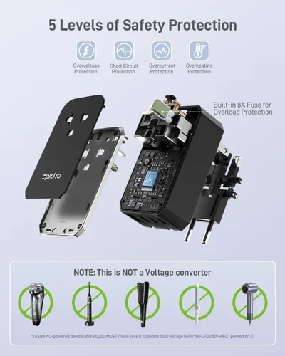 Vista 8 de EPICKA Air 65W Universal Travel Adapter PD&QC with 1AC/3USB-C/1USB-A 65W-Black