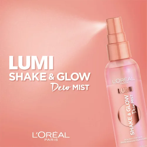 Vista 2 de L'Oréal Paris Maquillaje LUMI Shake and Glow Dew Mist, hidratante y calmante para la cara, prepara y fija, energiza la piel con un impulso saludable