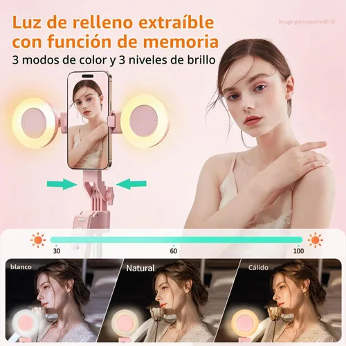 Vista 8 de Trípode magnético de seguimiento facial automático rosa con luz para iPhone, trípode para selfie stick de 71 pulgadas, rotación de 360° que sigue tu