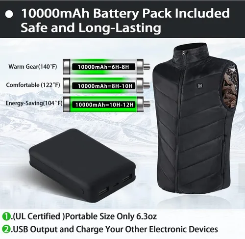 Vista 5 de SETTOK Men's Women's Heated Vest with 9 Heating Zones, 10000mAh Battery Pack Included, Lightweight Warm Electric Vest for Men