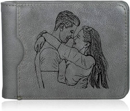Vista 19 de Carteras personalizadas para hombres, cartera personalizada para hombre con imagen grabada y nombre, billetera delgada de cuero plegable, regalos
