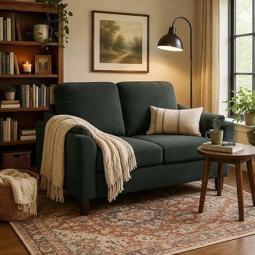 Vista 11 de 57" Small Loveseat Sofa, Mid Century Modern Love Seat Couch with Back Cushions and Plastic Legs, 2 Seater Couches for Living Room, Bedroom, Small