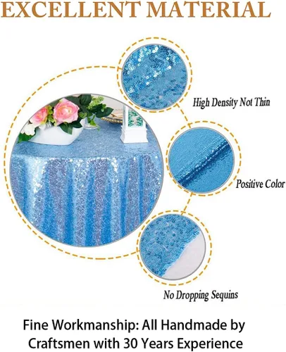 Vista 4 de ShinyBeauty Mantel de lentejuelas color azul bebé de 50 x 50 pulgadas, mantel cuadrado con purpurina azul claro, mantel de Acción de Gracias, 50 x