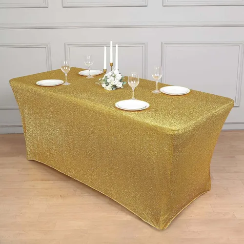 Vista 3 de Efavormart - Mantel rectangular ajustable de elastano de 6 pies, color dorado metálico con purpurina