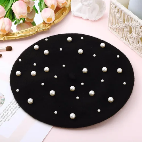 Vista 9 de Boina de cachemira de perlas estrelladas de lujo para mujer, accesorio elegante de invierno, Negro