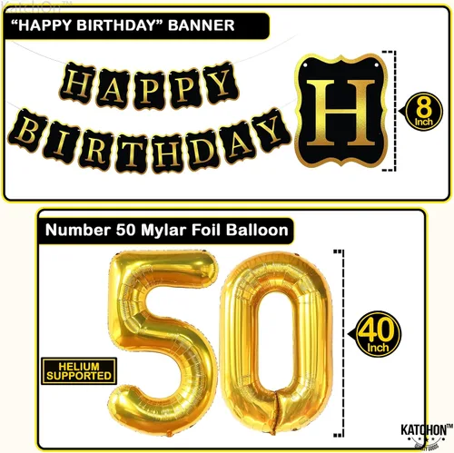 Vista 4 de KatchOn, Juego de decoración de feliz cumpleaños número 50, paquete de 48, globos dorados del número 50 de 40 pulgadas, pancarta de feliz cumpleaños