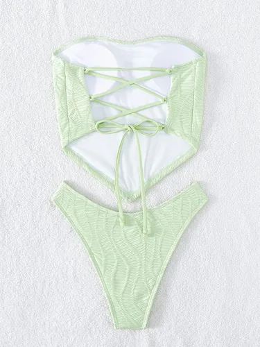 Vista 4 de MakeMeChic Traje de baño tankini bandeau de 2 piezas con cordones y dobladillo de corte alto para mujer