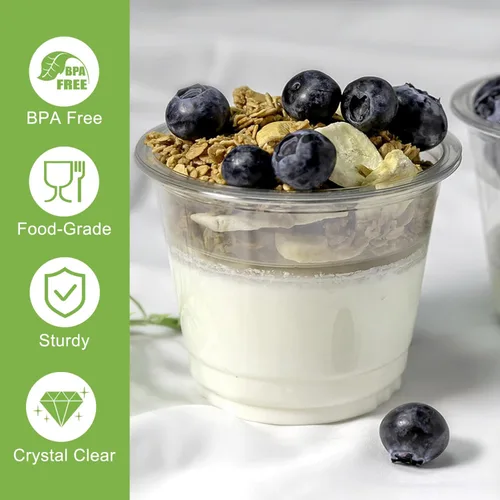 Vista 4 de TOFLEN Vasos de plástico transparente para yogur y parfait con tapas, desechables para llevar, tazas de cereales para desayuno, aperitivos, frutas