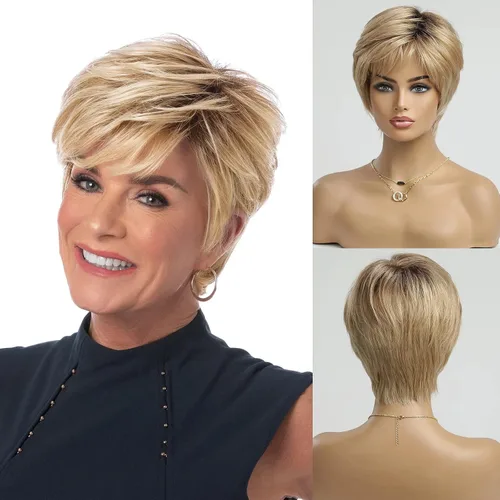 Vista 9 de HAIRCUBE Pelucas rubias de corte Pixie para mujer, estilo ondulado natural, peluca de encaje sintético resistente al calor con parte superior
