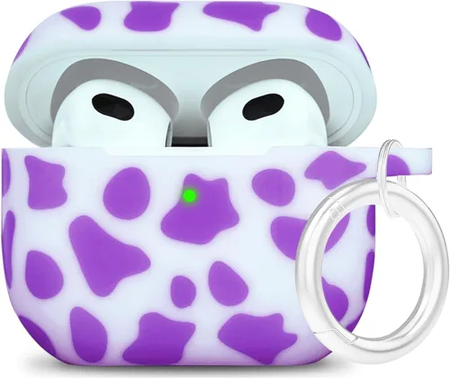 Vista 39 de LitoDream - Funda de silicona suave y flexible con llavero para Apple AirPods 2 y 1, para niñas (vaca; blanco con cactus)