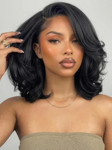 Vista 55 de KLAIYI Peluca de cabello humano con encaje frontal precortada 7x5, corte Bob en capas, corte romo, cordón sin pegamento, peluca predepilada