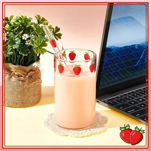 Vista 6 de Tessco para ti 2 juegos de tazas de fresa Taza de vidrio de fresa Nana con pajita Vaso de vidrio Vaso de chupito transparente Patrón de bayas Taza