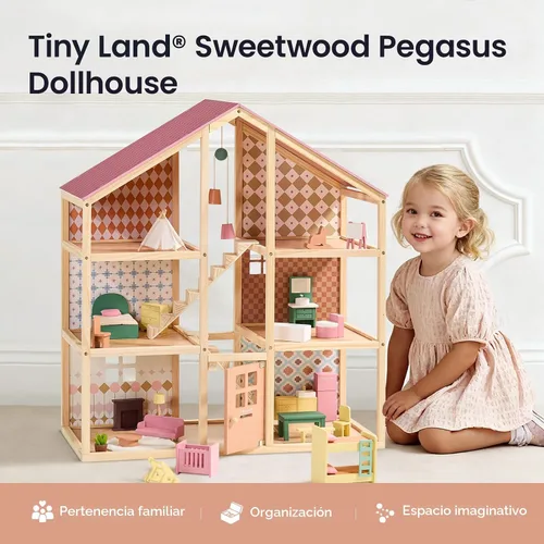 Vista 2 de Tiny Land Casa de muñecas de madera para niñas, casa de muñecas de madera de 6 habitaciones, casa de muñecas de bricolaje con 31 accesorios de Rosa