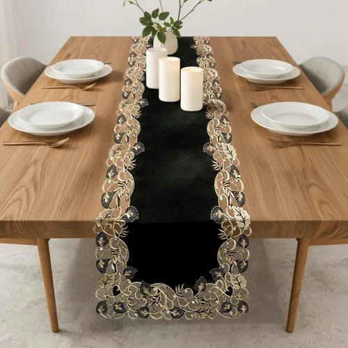 Vista 6 de DECOZEN Camino de mesa navideño de encaje dorado negro – Bufanda bordada para comedor y tocador para mesas de vacaciones, bodas y fiestas – 14 x 108