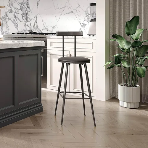 Vista 5 de Taburetes de bar, juego de 2 taburetes de cocina altos, sillas de bar con respaldo y reposapiés, taburetes industriales con asiento suave de PU
