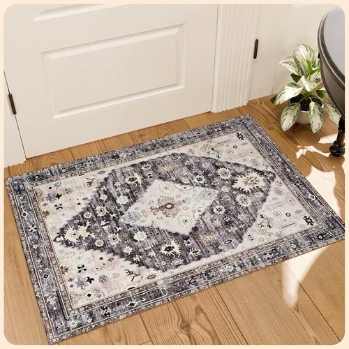 Vista 196 de Istana Alfombra larga antideslizante de 2.5 x 8 para el hogar, para pasillo y cocina, lavable, sedosa y suave al tacto, elegante, color azul y marfil