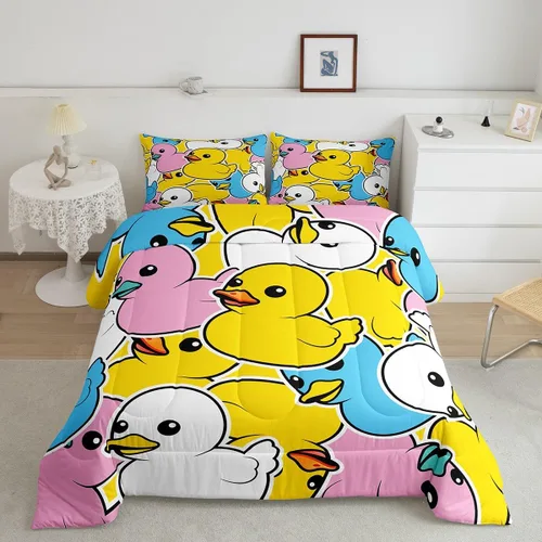 Vista 40 de Erosebridal Juego de ropa de cama a cuadros azul para niños, juego de cama individual con diseño de patos amarillos de dibujos animados, juego
