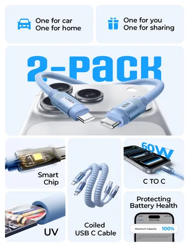Vista 4 de LISEN Cable USB C en espiral corto limpio paquete de 2 unidades de 60 W C a Azul