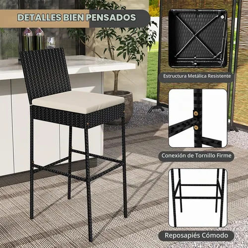 Vista 7 de HAPPYGRILL - Juego de 2 taburetes de bar de ratán para exteriores, sillas