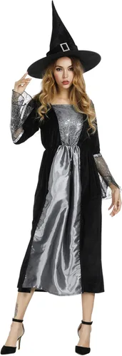 Vista 3 de Zhitunemi Disfraz de bruja para mujer, vestido de hechicera, sombrero de bruja malvada de araña, disfraces