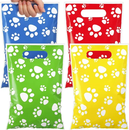 Vista 20 de Pasimy 100 bolsas de regalo de pata de perro a granel, diseño de pata de mascota, bolsas de plástico con asa para decoración de fiesta de cumpleaños