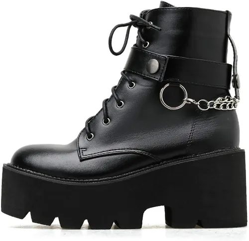 Vista 2 de Parisuit Botines góticos de charol para mujer, con plataforma, tacón alto grueso, con cordones, botas de combate punk, botas cortas