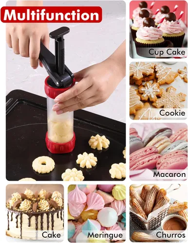 Vista 5 de Juego de prensa para galletas, máquina para hacer churros con 12 moldes y 10 puntas para decorar pasteles, prensa para galletas y churros, rojo