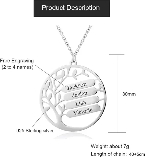 Vista 2 de Collar con colgante de árbol de la vida, con nombres personalizados, collar de árbol familiar para abuela, amigas, Día de la Madre, regalos para mamá
