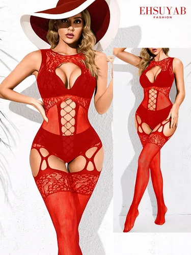 Vista 6 de EHSUYAB Lencería para mujer, medias sexys, traje de noche de red floral