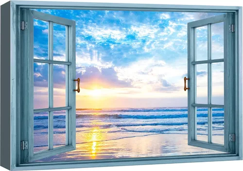 Vista 38 de wall26 - Cuadro en lienzo para pared, vista de ventana, atardecer neón, cielo, palmera tropical, playa, naturaleza, desierto, fotografía, realismo