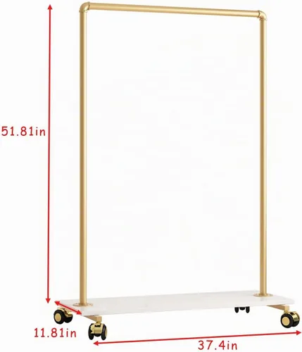 Vista 4 de Perchero de metal dorado con estante de madera, perchero resistente con ruedas para dormitorio, uso en boutiques minoristas (37.4 pulgadas de largo)