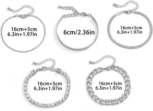 Vista 2 de Juego de 5 pulseras de cadena de eslabones cubanos, pulseras de cadena de serpiente, pulseras apilables ajustables, pulseras bohemias delicadas