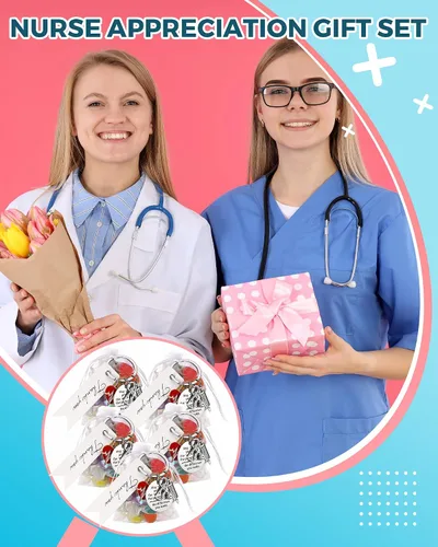 Vista 3 de Sureio Juego de 24 llaveros de agradecimiento para enfermeras, regalos para estudiantes de enfermería con borlas bolsas de organza y etiqueta
