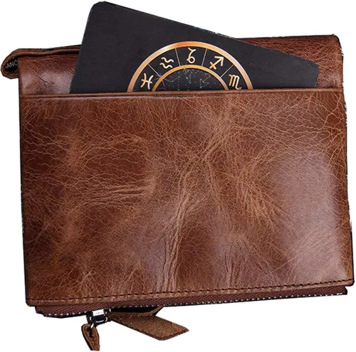 Vista 4 de FENICAL billetera plegable de piel para hombre, billetera con doble cremallera, ligera, unisex, color marrón
