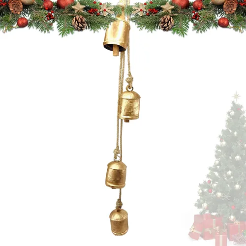 Vista 2 de BELLUXE - Campanas pequeñas de vaca rústicas de metal de estaño de la suerte hechas a mano, campanas de decoración de Navidad con cuerda de yute