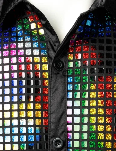 Vista 4 de Jogal - Camisa de vestir para hombre con lentejuelas plateadas, manga larga, botones, de los años 70, disfraz de fiesta o discoteca