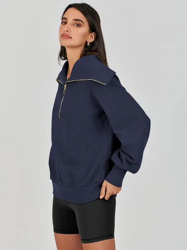 Vista 4 de ANRABESS Sudadera de manga larga con cremallera de un cuarto para mujer, sudadera de manga larga con media cremallera, moda 2024