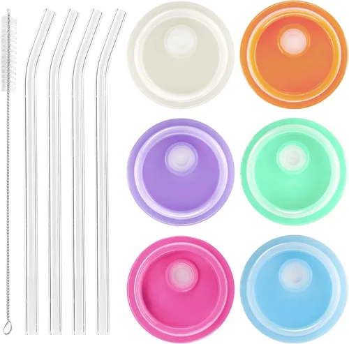 Vista 8 de Joyclub Paquete de 4 tapas acrílicas para vasos de vidrio de 16 onzas con tapas de bambú y pajitas, vasos reutilizables para café helado, vasos