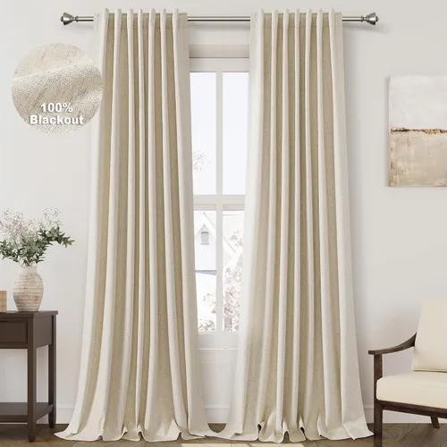 Vista 48 de Nanspring Cortinas de lino 100% opacas para dormitorio, 96 pulgadas de largo, con pestaña trasera, bolsillo para barra, aislamiento térmico, cortina