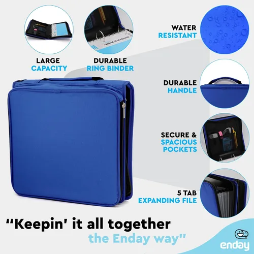 Vista 3 de Enday Carpeta con cremallera de 2 pulgadas, capacidad de 880 hojas, 5 bolsillos, carpeta de archivos expandible con asa duradera, organizador Azul
