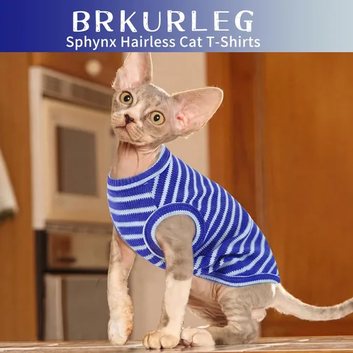 Vista 4 de BRKURLEG Camisa de punto para gatos, chaleco sin mangas para gatos Sphynx y perros pequeños, ropa suave de primavera y verano, camisetas Rayas azules
