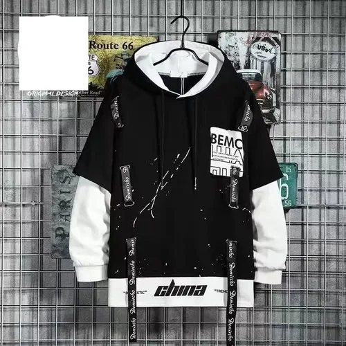 Vista 2 de Camiseta de manga larga con capucha para hombre de Corea de Primavera Otoño Harajuku para hombre