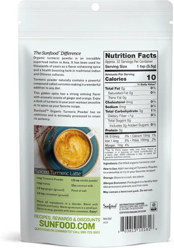 Vista 2 de Sunfood Superfoods Polvo de cúrcuma orgánica, polvo de raíz de cúrcuma molida, especia de cúrcuma molida pura, uso para condimentos, té, leche