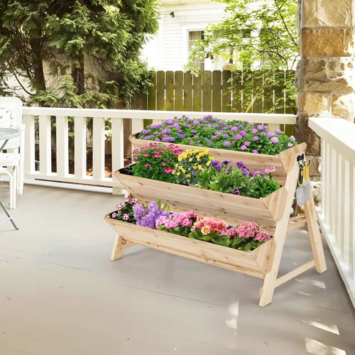 Vista 3 de Giantex Cama de jardín elevada, maceta vertical con estante de almacenamiento, maceta elevada de 3 niveles con ganchos laterales, cama de jardín