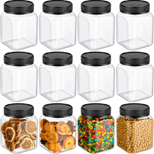 Vista 10 de Nosiny 6 tarros de plástico transparente de 24 onzas con tapas, recipientes cuadrados de plástico grandes para dulces con tapas de rosca, Negro