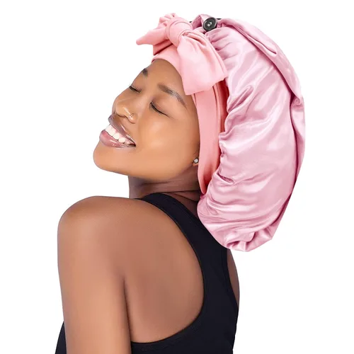 Vista 3 de Gorro de seda satinada para el cabello: gorros largos con banda de amarre elástica, correas ajustables, tamaño gigante, para dormir cómodamente