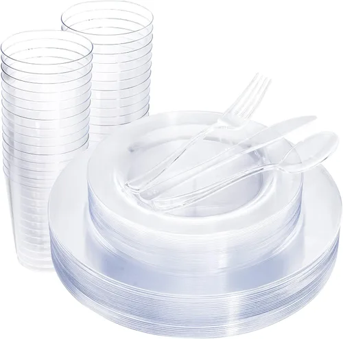 Vista 11 de WDF 25 platos azules para invitados con cubiertos desechables y vasos azules, vajilla de plástico transparente neón incluye 25 platos de cena