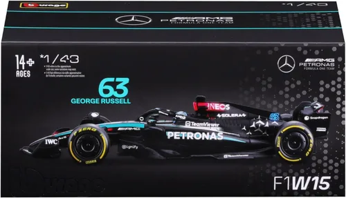Vista 8 de Bburago 1:43 Scale 2024 Formula Race Mercedes W15 Vehículo fundido a presión con casco, Russell # 63